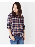 トーションレース袖 チェック柄ブラウス/ネイビー(293)