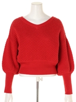 ハイウエスト柄編みボリュームニット/レッド