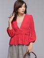 ハイショルダーVネックブラウス/レッド