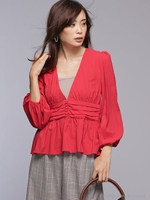 ハイショルダーVネックブラウス/レッド