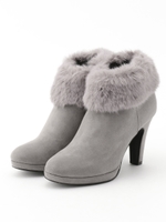 ファーブローチ付ショートブーツ/グレージュ