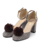 ファー付きパンプス/チェック