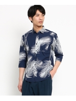 ボタニカルプリント七分袖カジュアルシャツ/ネイビー(193)