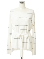 ラインボーダーリブウエストマークニットトップス/ホワイト