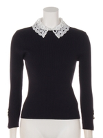 レース衿付きリブニット(ネイビー)/ネイビー