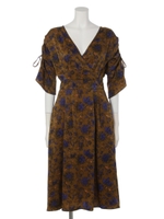 花柄ドロストスリーブカシュクールフレアワンピース/キャメル