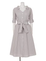 抜け衿シャツフレアワンピース/ブラウン