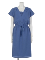 麻調サップレース付Vネックブラウジングワンピース/グリーン