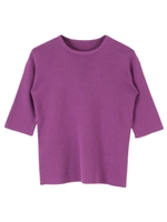 5分袖クルーネックコットンライトニット/パープル