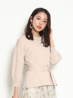 7分袖ベルト付ニット/ピンクベージュ