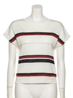 Vネックマルチボーダーフレンチスリーブゆるニットプルオーバー/オフホワイト