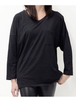Vネック胸ポケットドルマンテールカット長袖Tシャツ/ブラック