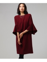 [L]【洗える】フレアスリーブツイルワンピース/ボルドー(064)