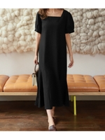 【CHILLE】パフスリーブマーメイド風ゆるワンピース/ブラック(027)