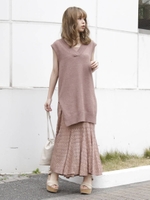 【S】Vネックロングニットベスト/MOC