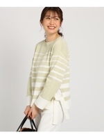 【Sサイズあり・洗える】コットン混フロリックボーダーニット/ライトグリーン(321)