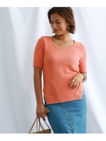 【ウォッシャブル】コットン混スリット半袖ニット/オレンジ(067)