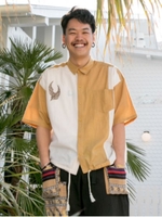 【チャイハネ】リーフ刺繍バイカラーMEN'Sシャツ刺繍/ベージュ