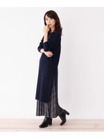 【洗える・42(LL)WEB限定サイズ】ストレッチメリノ総針ボートネックワンピース/ダークネイビー(094)