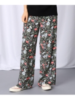 【洗える】ウエストゴム フラワープリントワイドパンツ/ブラック(119)