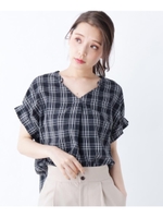 コットン（綿）混タック袖チェックブラウス/ブラック(219)