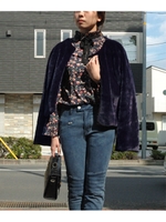 ノーカラーショート丈フェイクファーコートアウター/ネイビー