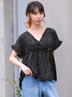 フリル切替ドット柄カシュクールチュニック/ブラック