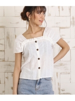 フロントボタンコットンレース袖デザイントップス/ホワイト(001)