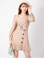 ベルト付き裾プリーツワンピース/ベージュ