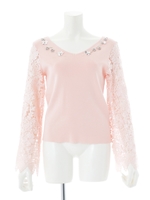 レーススリーブスピンドルニット/ピンク