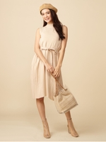 ロングノースリーブプリーツワンピース/ベージュ