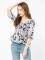 花柄シャーリングブラウス/ブラック