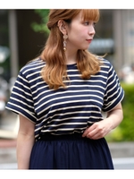 胸ポケットボーダー柄ターンバック半袖Tシャツ/ネイビー