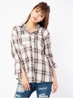 肩あきチェックシャツ/レッド