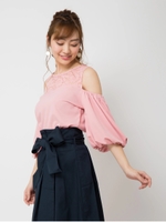 肩開き袖ボリュームカットソー/ピンク