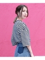 七分袖ボーダー柄Tシャツ/ネイビー