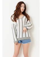 深VストライプニットTOP/GRAY