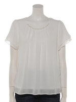 前身タックパール付２枚袖ブラウス/オフホワイト