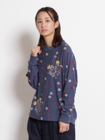 草花ブーケ刺しゅうベロアジャカードドルマンカットソー/ブルー