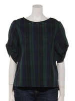 袖デザインピケチェックブラウス/チェック ブラック