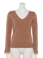 袖配色Vネックニット/ベージュ