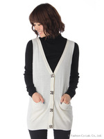 【W】ビジュー釦ロングニットベスト