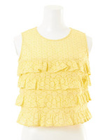 コットンレースフリル短丈トップス/YEL