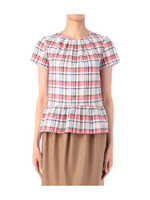 チェック柄ギャザーぺプラムブラウス/オフホワイト(203)