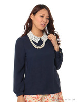 ネックレス付レース襟ブラウス/ネイビー