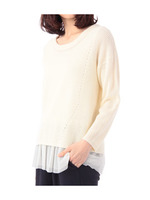 畦編み×裾チュール七分袖プルオーバー/ネイビー系(093)