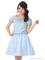 【Tralala】ボーダーオフショルドッキングワンピース/ブルー