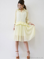 オーガンジーギンガム裾フリルワンピース/イエロー