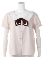 【Fi.n.t】配色タイ付きストライプクレリック半袖ブラウス/beige