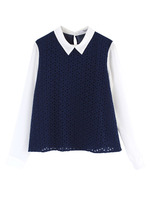 異素材切替レースブラウス/ネイビー